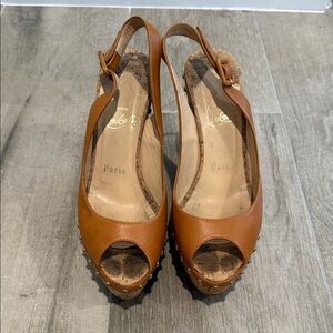 Christian Louboutin Tan Peep-Toe Slingback Platforms